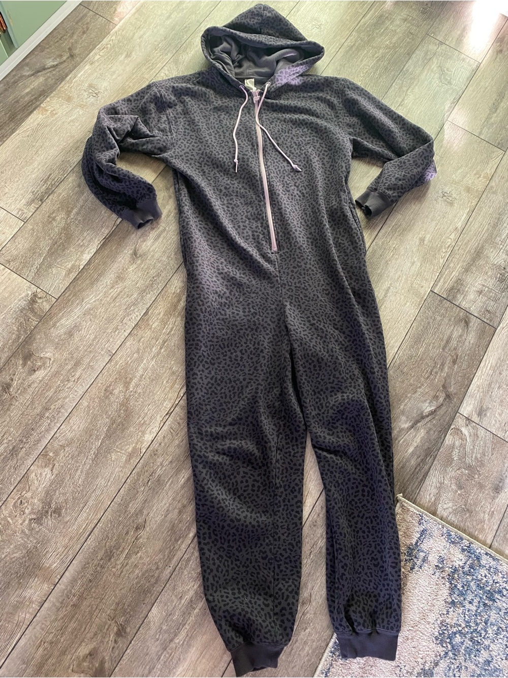 Fabletics Black Leopard Print Hooded Jumpsuit with Purple Accents